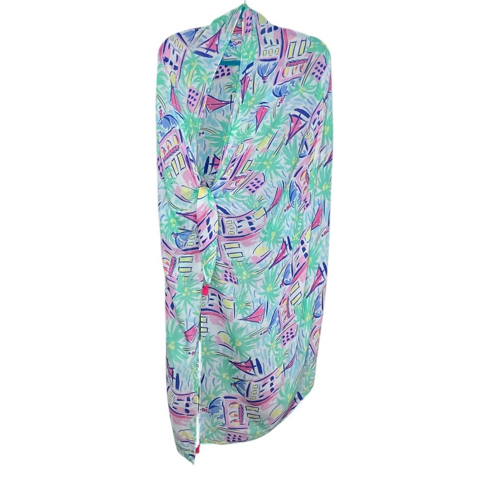 Stella & Dot Women's Pareo Scarf Green Blue‎ Palm City Triangular Tassel Resort